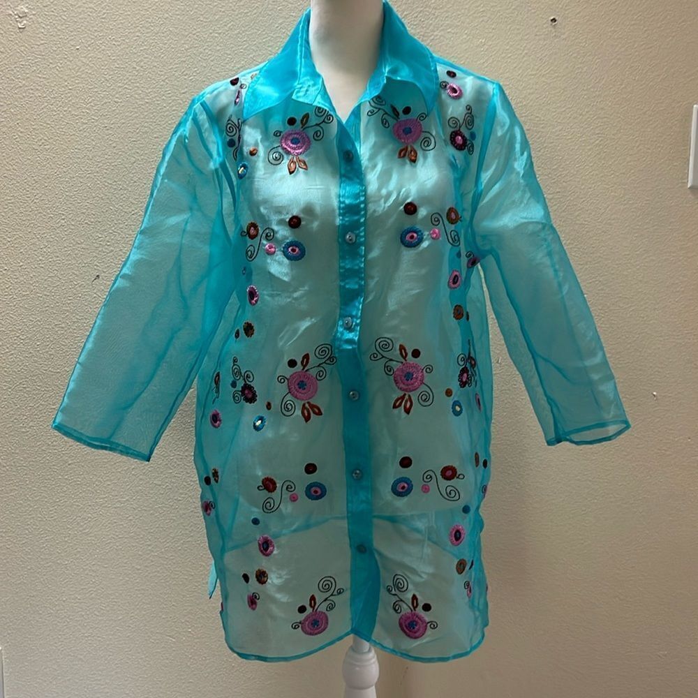 Maggie Sweet sheer and embroidered button up blouse.  Size Medium.